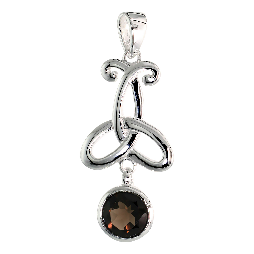 Sterling Silver Genuine Smoky Topaz Triquetra Pendant Celtic Trinity Knot, 1 1/2 inch long
