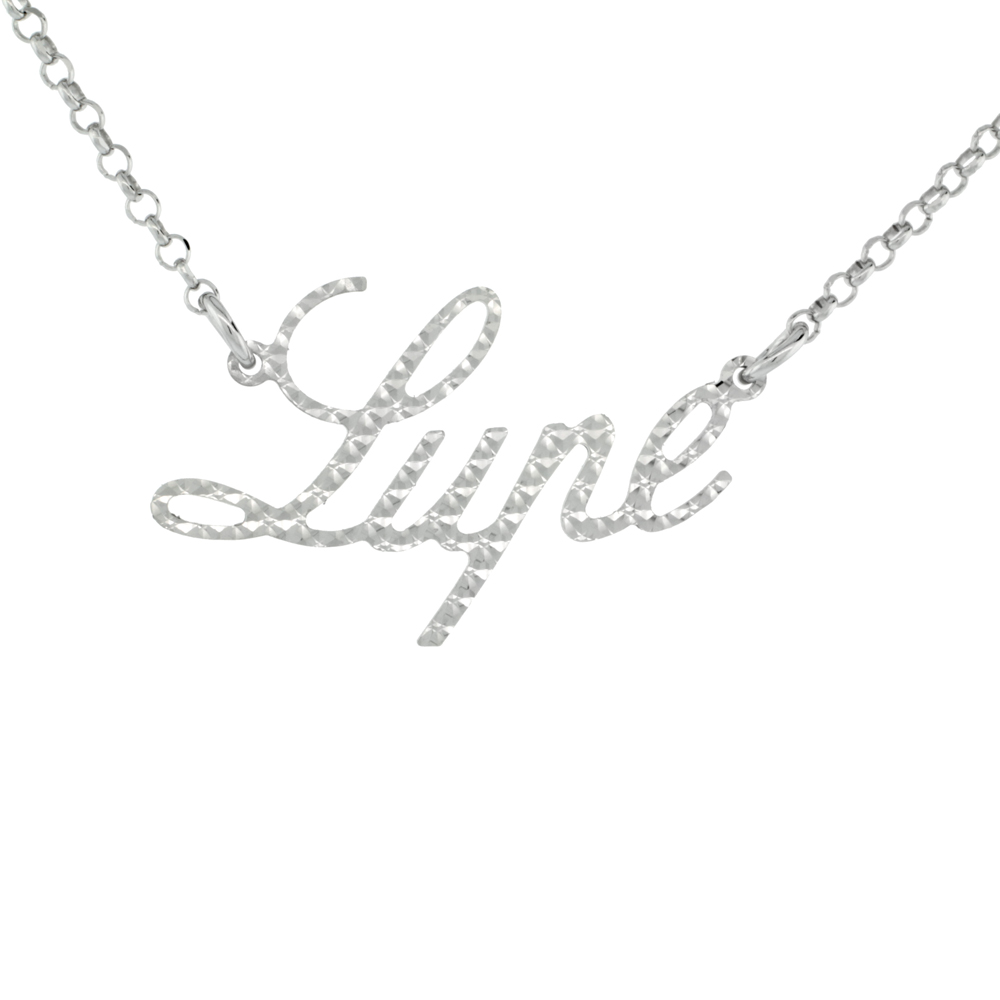 Sterling Silver Name Necklace Lupe Diamond Cut Platinum Coated Italy, about 3/4 Inch wide 16 inches + 2 inch extension