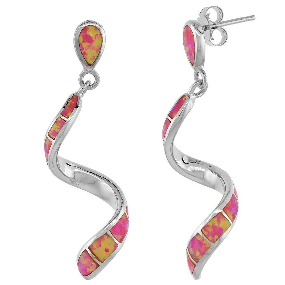 Sterling Silver Swirl Earrings Synthetic Pink Opal Inlay