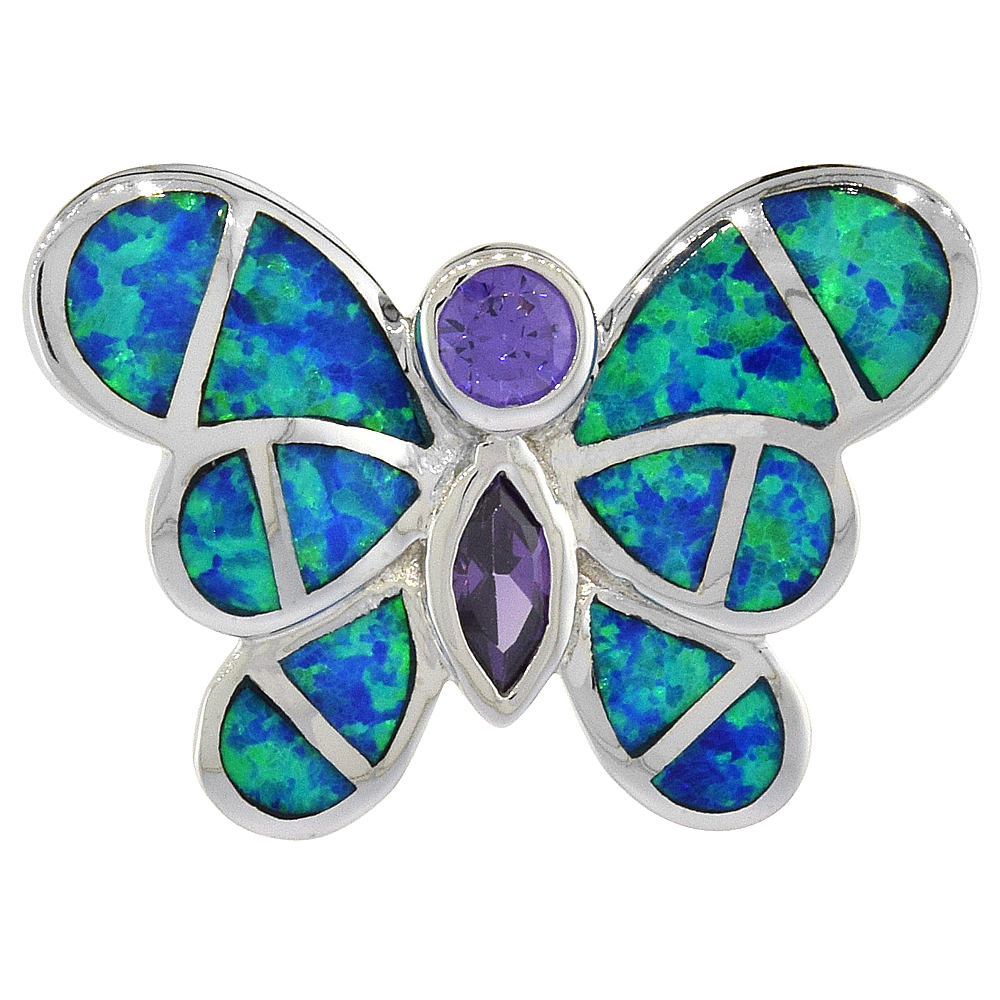 Sterling Silver Synthetic Opal Butterfly Pendant for Women Hand Inlay Amethyst CZ 1 inch