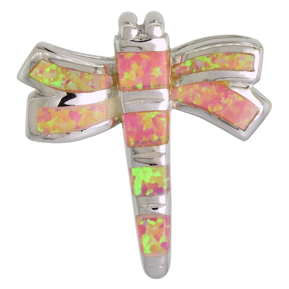 Sterling Silver Synthetic Pink Opal Dragonfly Pendant for Women Hand Inlay 1 inch