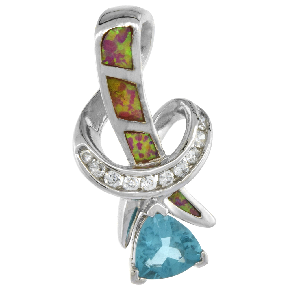 Sterling Silver Synthetic Pink Opal Pendant Amethyst CZ Hand Inlay 8 mm Trillium 1 3/16 inch tall