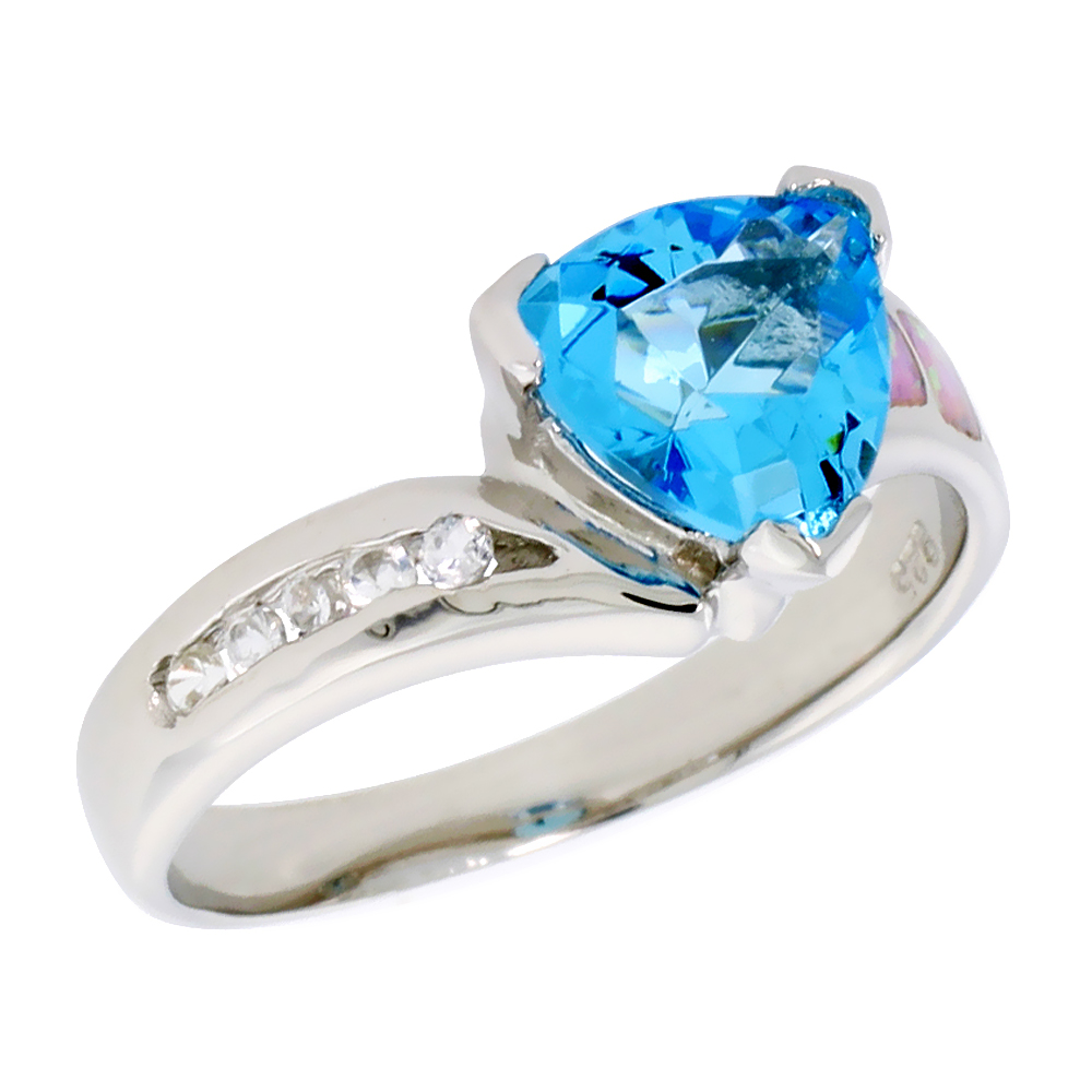 Sterling Silver Synthetic Pink Opal Ring Trillion Cut Blue Topaz CZ Cubic Zirconia Accent, 3/8 inch