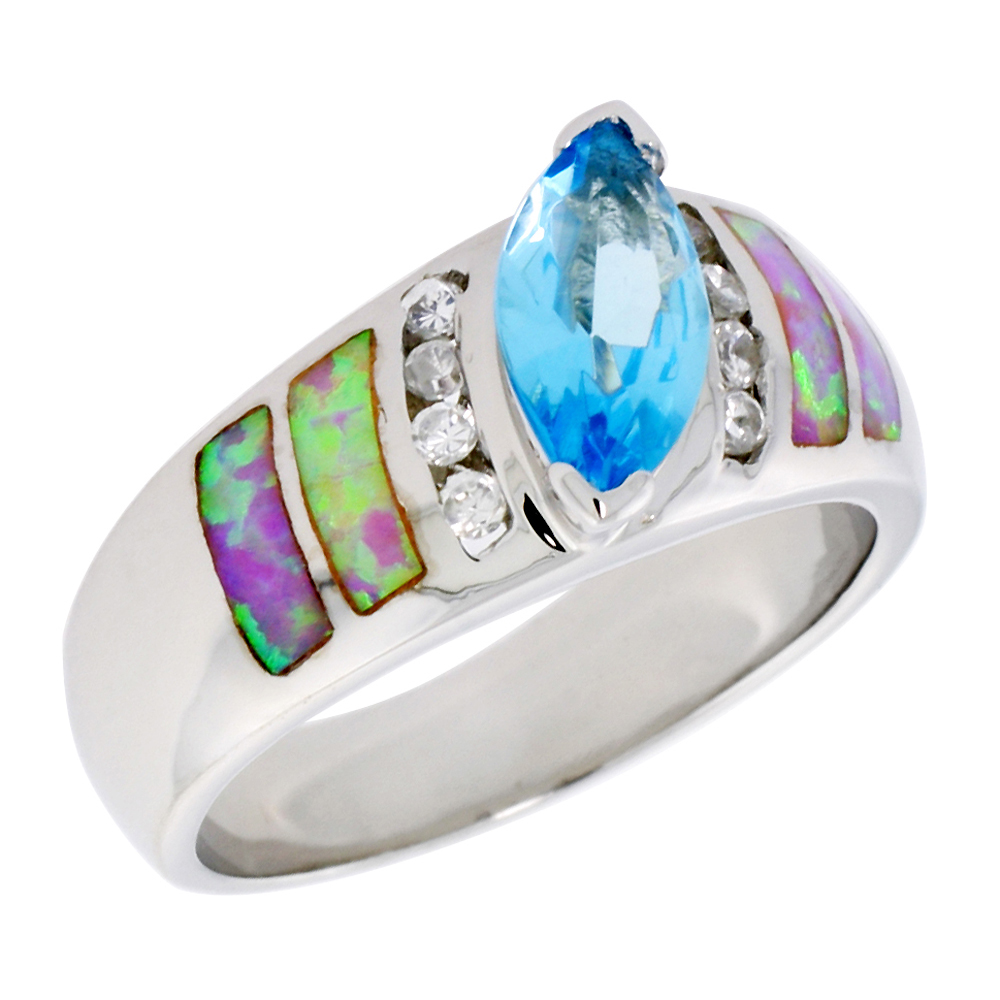 Sterling Silver Synthetic Pink Opal Ring Marquise Blue Topaz CZ Cubic Zirconia Accent, 7/16 inch