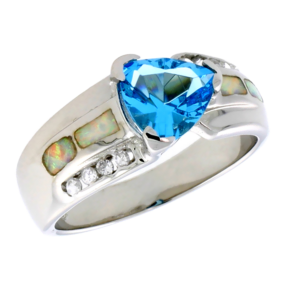 Sterling Silver Synthetic Pink Opal Ring Trillion Cut Blue Topaz CZ Cubic Zirconia Accent, 3/8 inch