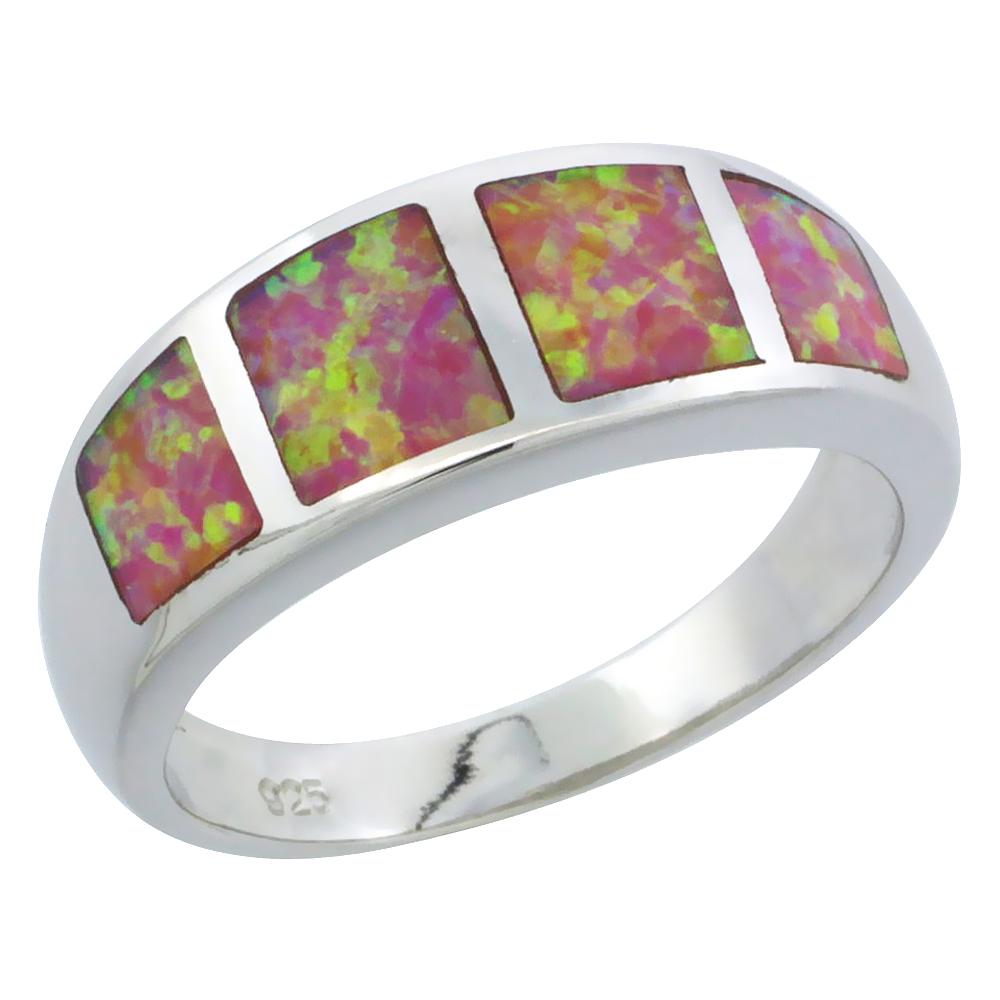Sterling Silver Synthetic Pink Opal Square Pattern Ring, 5/16 inch