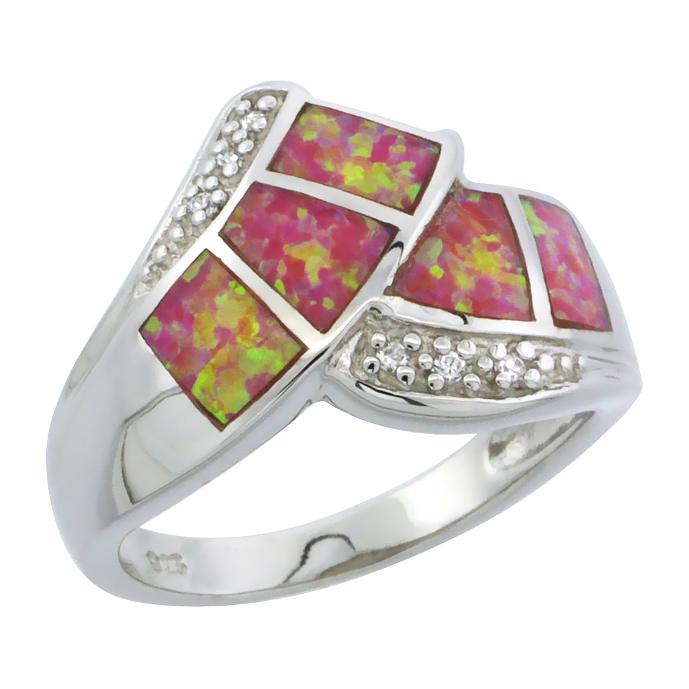 Sterling Silver Synthetic Pink Opal Ring Cubic Zirconia Accent, 9/16 inch