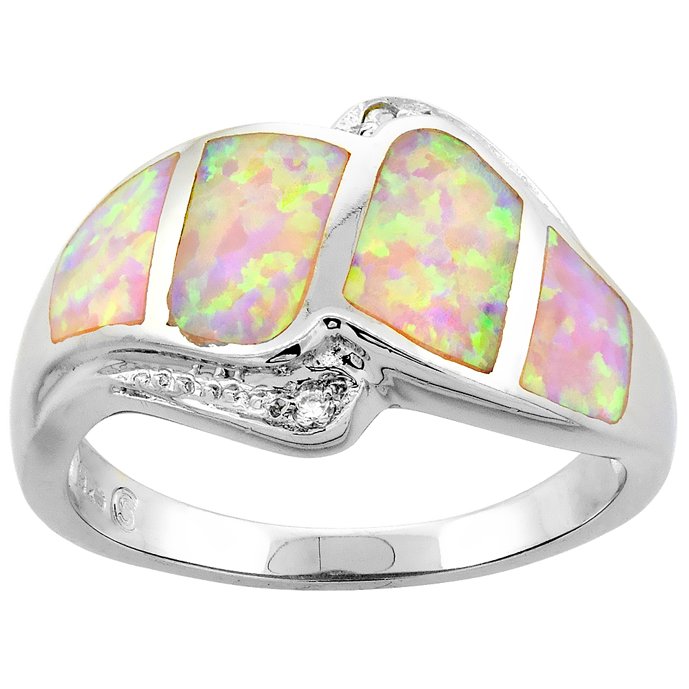 Sterling Silver Synthetic Pink Opal Ring Cubic Zirconia Accent, 9/16 inch