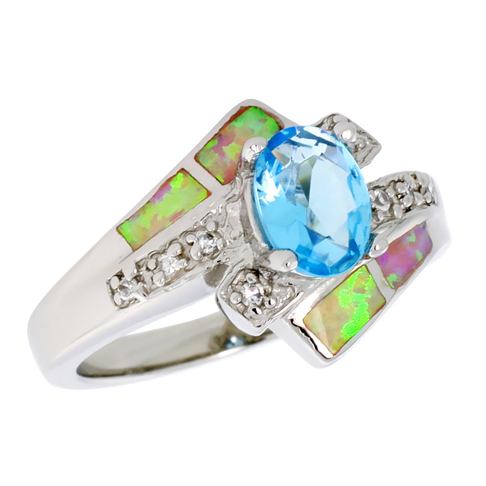 Sterling Silver Synthetic Pink Opal Ring Oval Shape Blue Topaz CZ Cubic Zirconia Accent, 1/2 inch