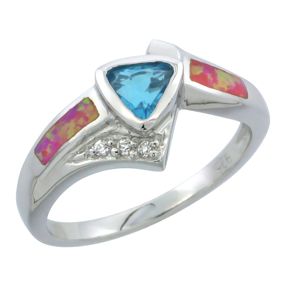 Sterling Silver Synthetic Pink Opal Ring Trillion Cut Blue Topaz Cubic Zirconia center, 7/16 inch