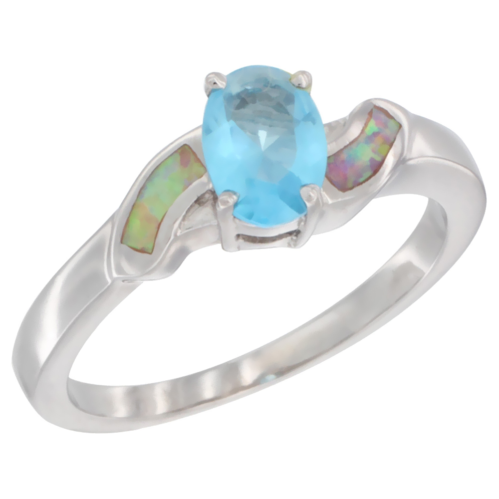 Sterling Silver Synthetic Pink Opal Ring Oval Shape Blue Topaz CZ Center 3/8 inch