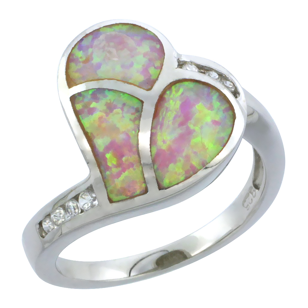 Sterling Silver Synthetic Pink Opal Heart Ring Cubic Zirconia Accent, 11/16 inch