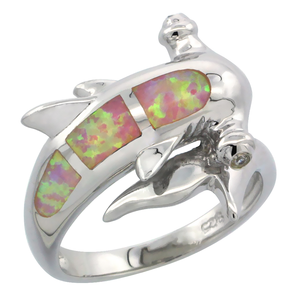 Sterling Silver Synthetic Pink Opal Hammerhead Shark Ring, 3/4 inch