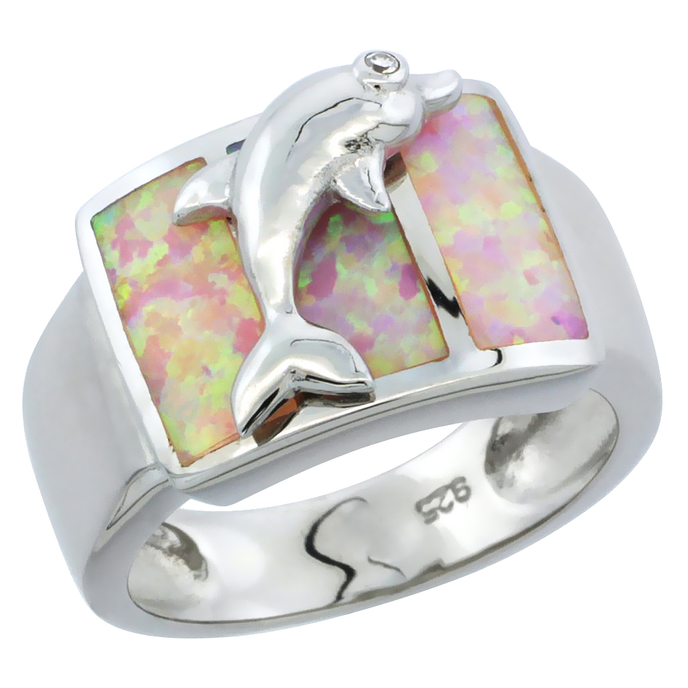 Sterling Silver Synthetic Pink Opal Dolphin Ring, 1/2 inch