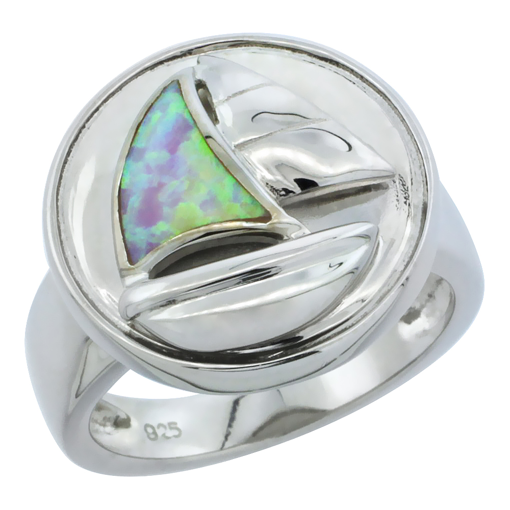 Sterling Silver Synthetic Pink Opal Sail Boat Ring, 11/16 inch