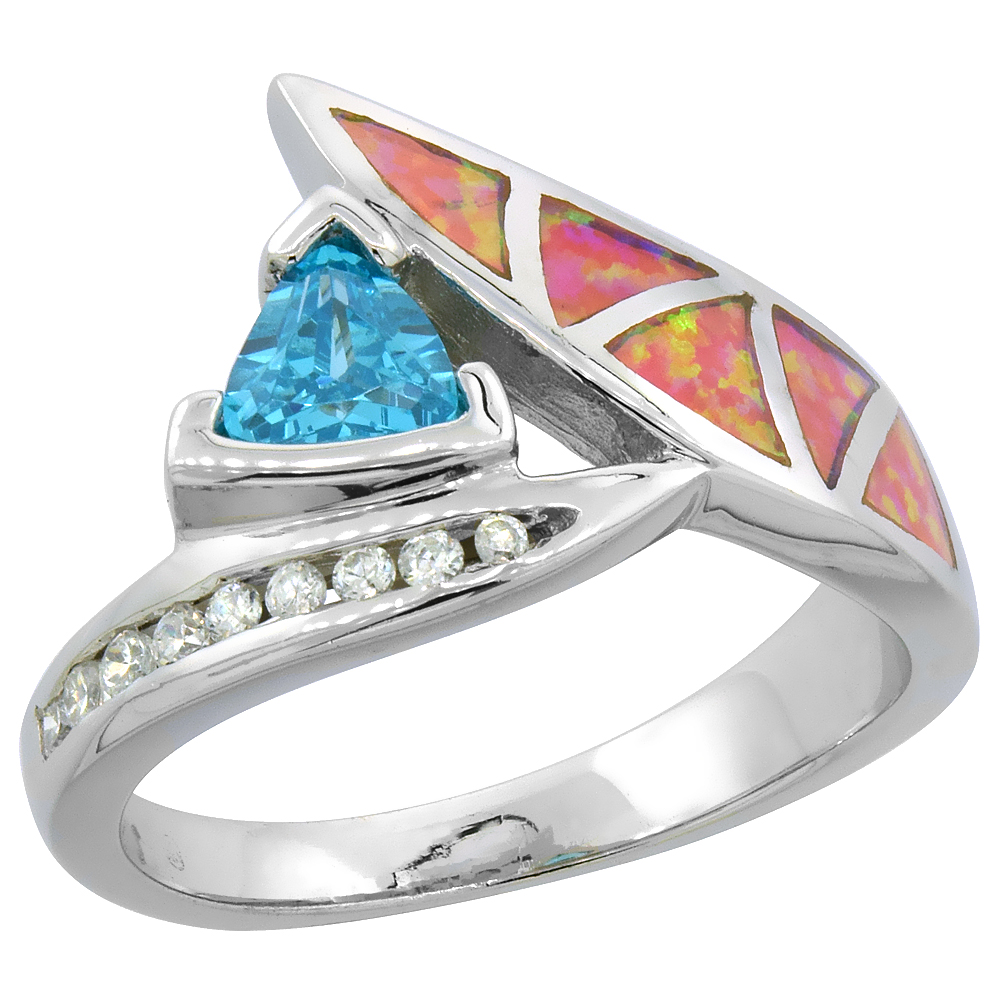 Sterling Silver Synthetic Pink Opal Ring Trillion Cut Blue Topaz CZ Cubic Zirconia Accent, 9/16 inch