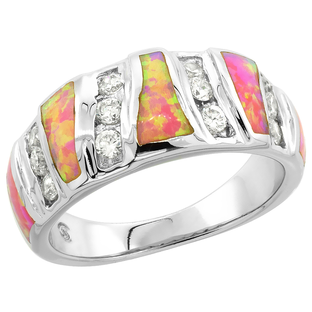 Sterling Silver Synthetic Pink Opal Ring Cubic Zirconia Accent, 3/8 inch