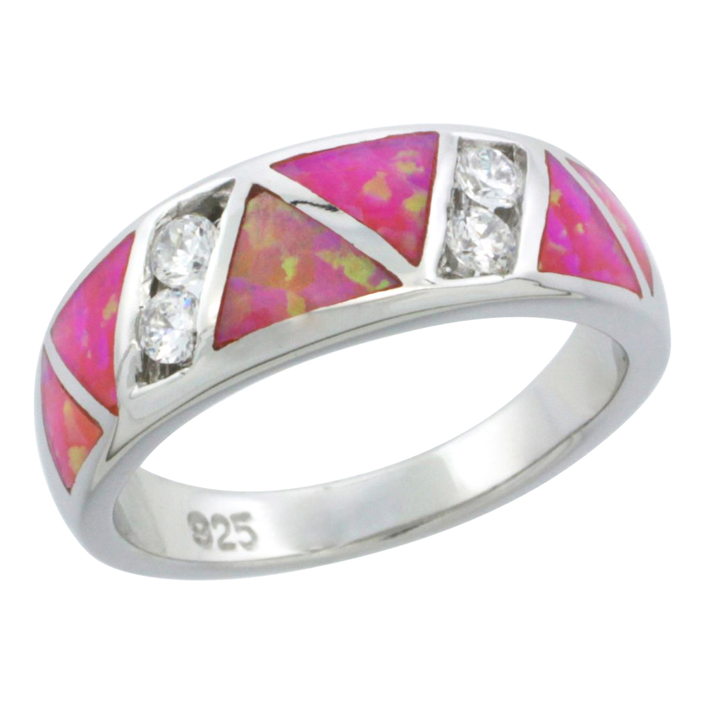 Sterling Silver Synthetic Pink Opal Ring Cubic Zirconia Accent, 5/16 inch