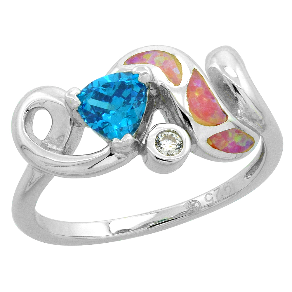 Sterling Silver Synthetic Pink Opal Swirl Ring Trillion Blue Topaz CZ Cubic Zirconia Accent, 7/16 inch