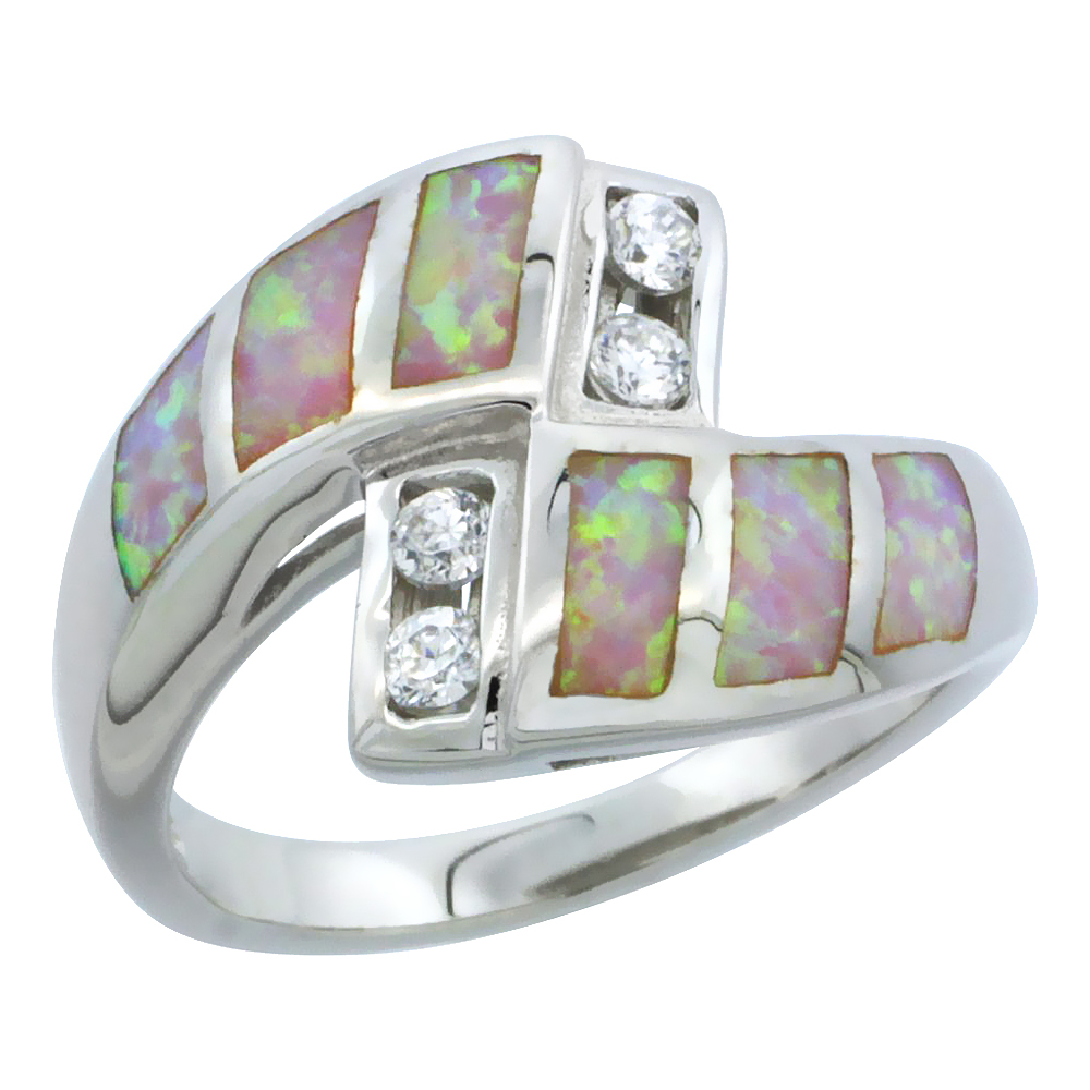 Sterling Silver Synthetic Pink Opal Swirl Ring Trillion Blue Topaz CZ Cubic Zirconia Accent, 7/16 inch