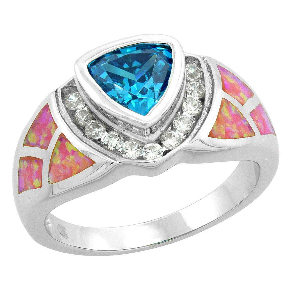Sterling Silver Synthetic Pink Opal Ring Trillion Cut Blue Topaz CZ Cubic Zirconia Accent, 1/2 inch