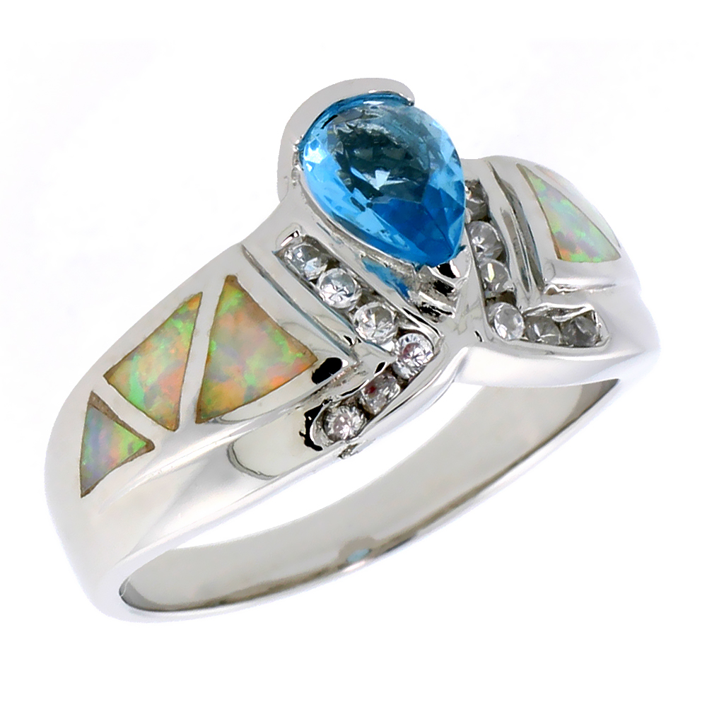 Sterling Silver Synthetic Pink Opal Ring Teardrop Blue Topaz CZ Cubic Zirconia Accent, 1/2 inch