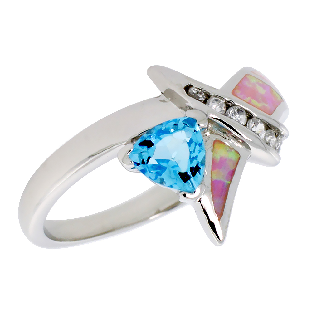 Sterling Silver Synthetic Pink Opal Knot Ring Trillion Cut Blue Topaz CZ Cubic Zirconia Accent, 9/16 inch