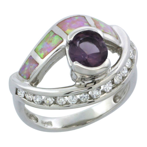 Sterling Silver Synthetic Pink Opal Ring Brilliant Cut Blue Topaz CZ Cubic Zirconia Accent, 5/8 inch