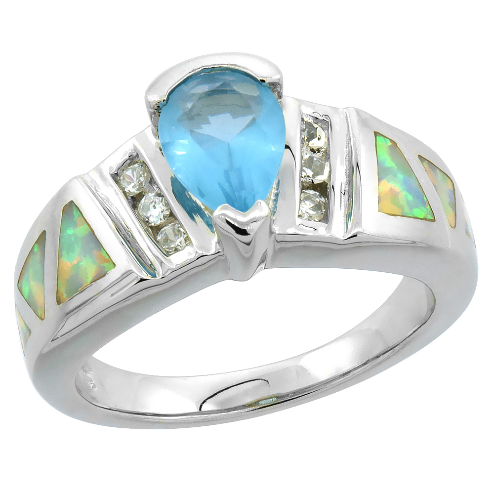 Sterling Silver Synthetic Pink Opal Ring Teardrop Blue Topaz CZ Cubic Zirconia Accent, 7/16 inch
