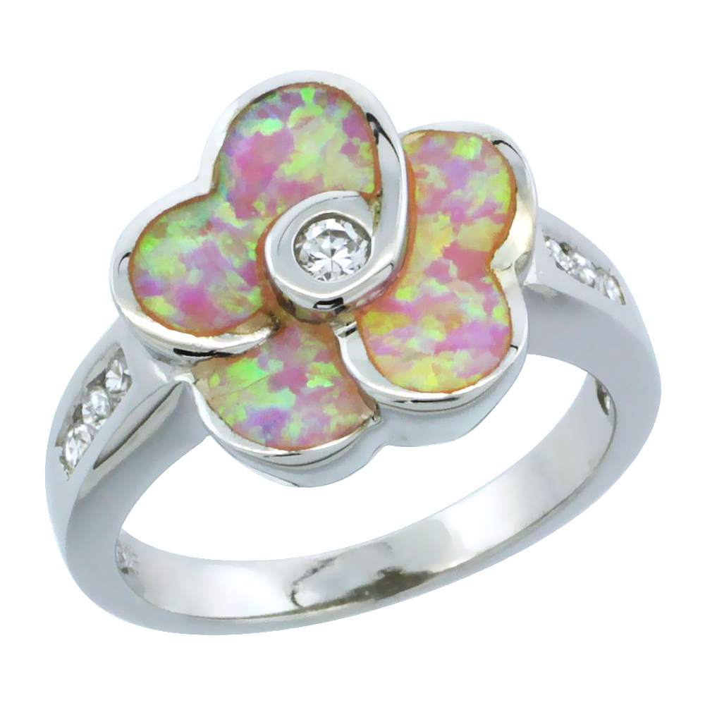 Sterling Silver Synthetic Pink Opal Flower Ring Cubic Zirconia Accent, 5/8 inch