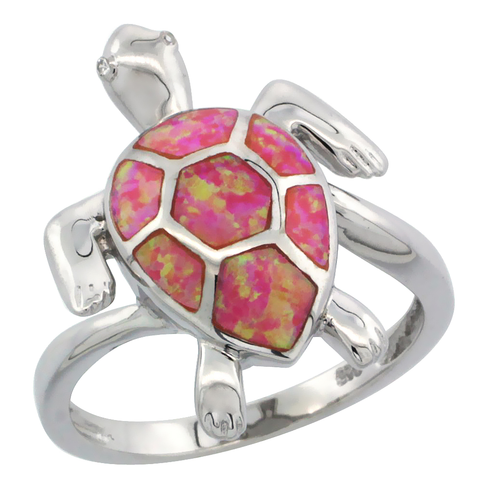 Sterling Silver Synthetic Pink Opal Sea Turtle Ring, 7/8 inch