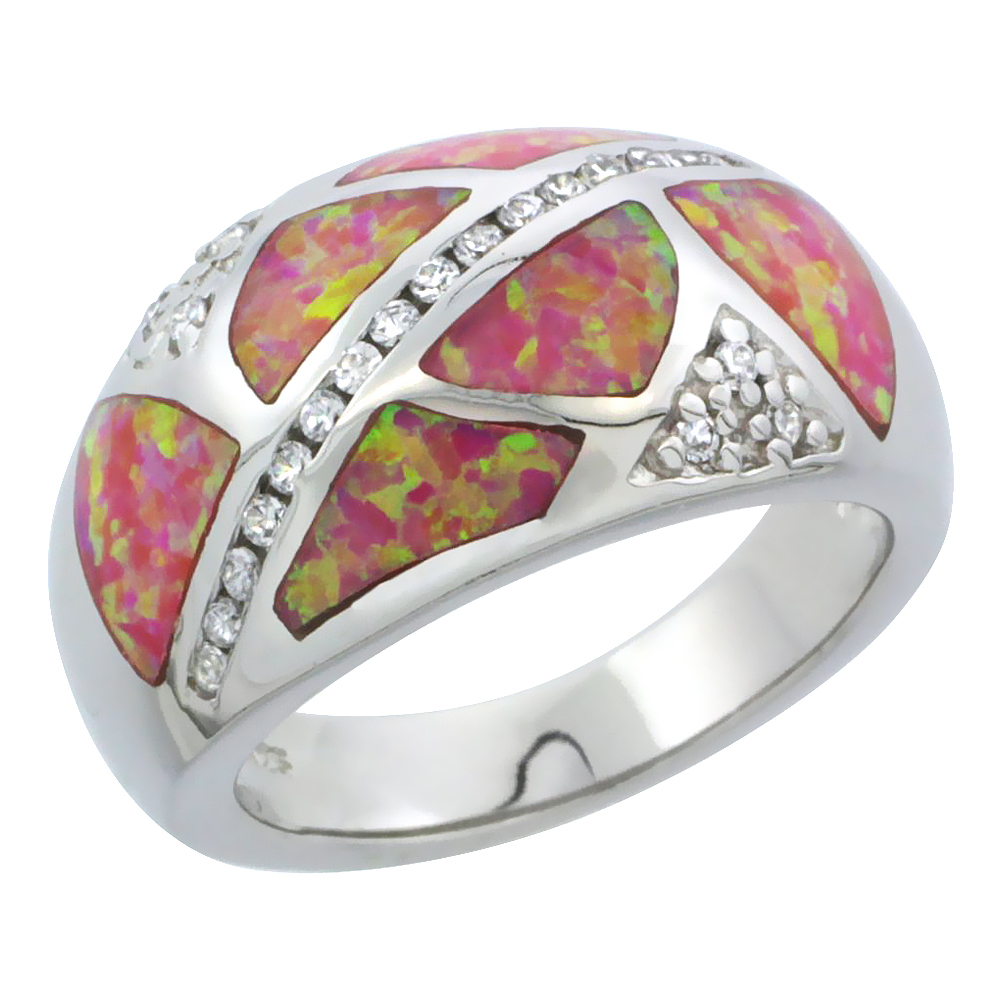 Sterling Silver Synthetic Pink Opal Dome Ring Cubic Zirconia Accent, 1/2 inch