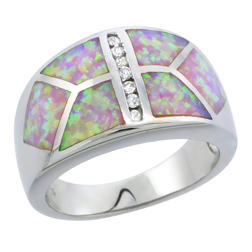 Sterling Silver Synthetic Pink Opal Dome Ring Cubic Zirconia Accent, 1/2 inch