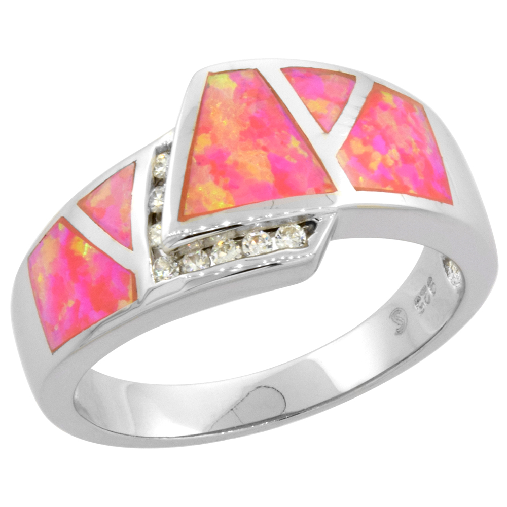 Sterling Silver Synthetic Pink Opal Ring Cubic Zirconia Accent, 7/16 inch