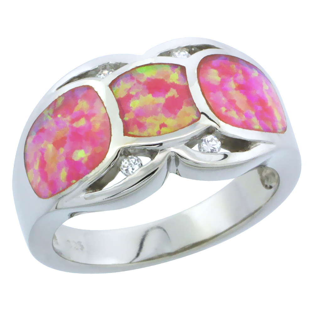 Sterling Silver Synthetic Pink Opal Ring Cubic Zirconia Accent, 1/2 inch