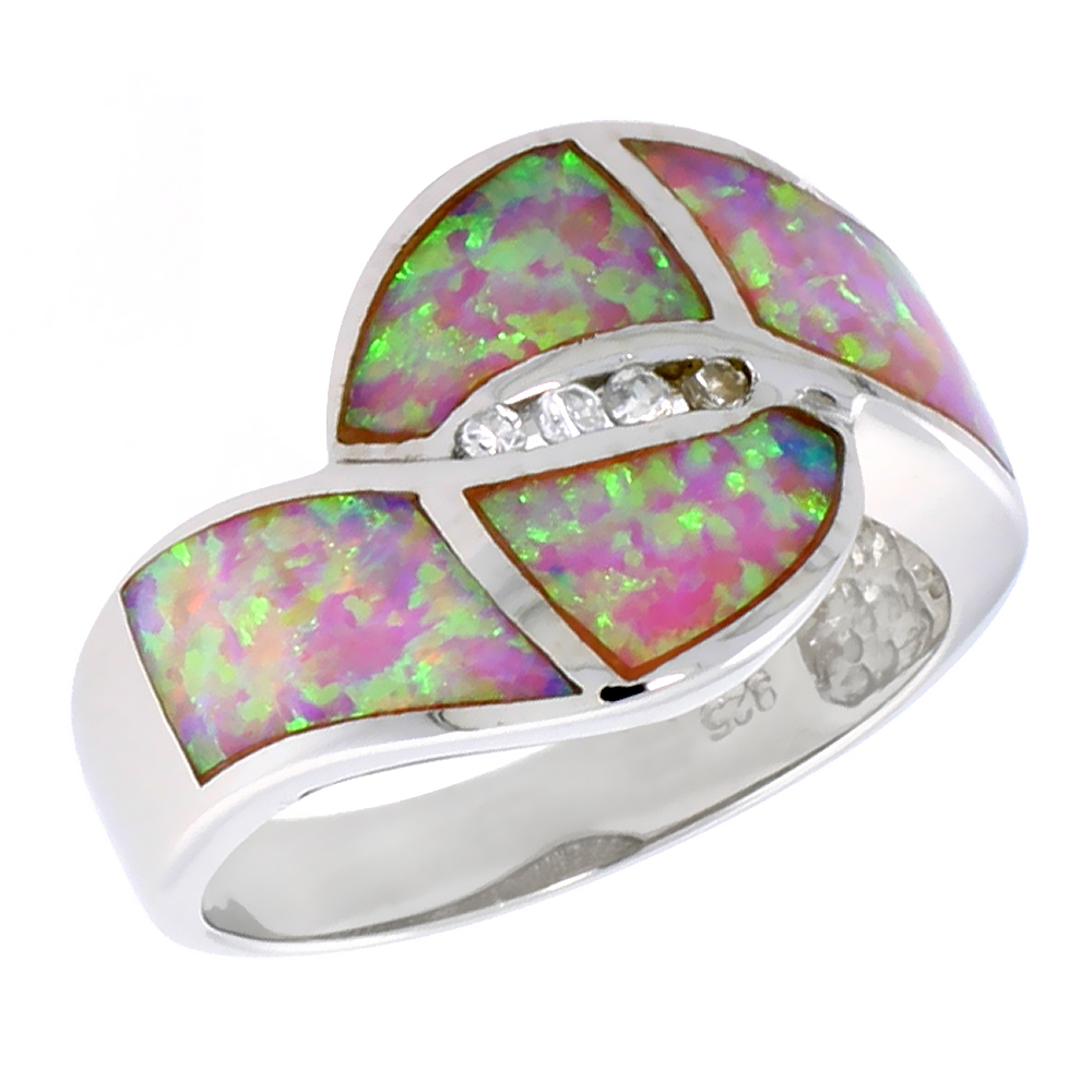 Sterling Silver Synthetic Pink Opal Ring Cubic Zirconia Accent, 9/16 inch