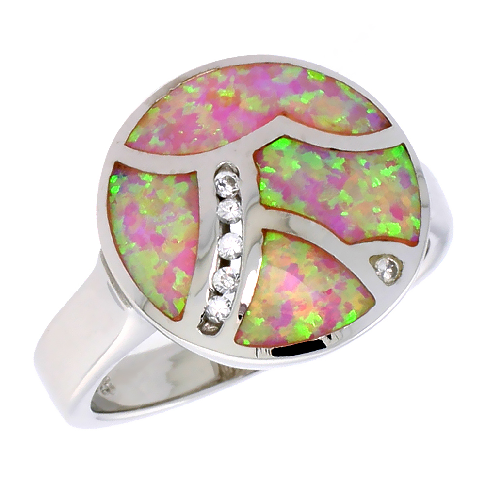 Sterling Silver Synthetic Pink Opal Round Ring Cubic Zirconia Accent, 11/16 inch