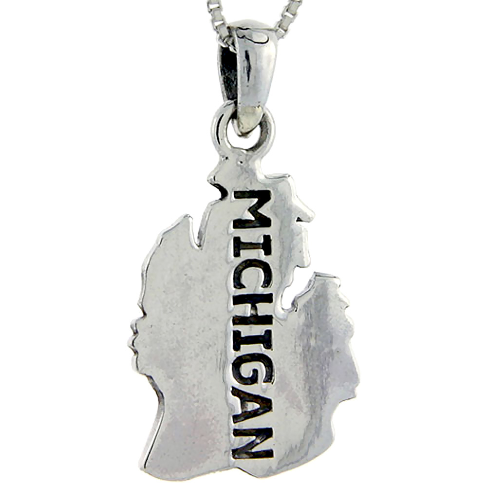 Sterling Silver Michigan State Map Pendant 1 1/4 inch tall