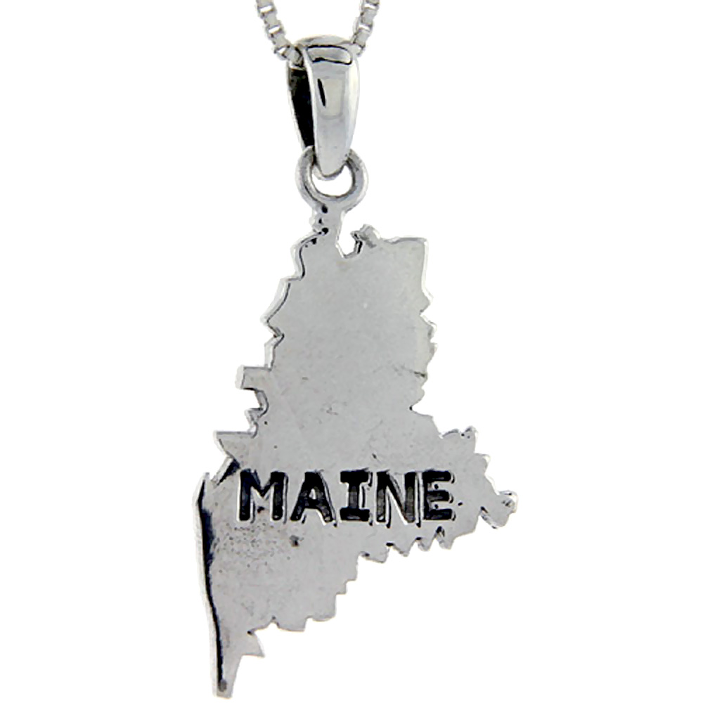 Sterling Silver Maine State Map Pendant 1 1/2 inch tall