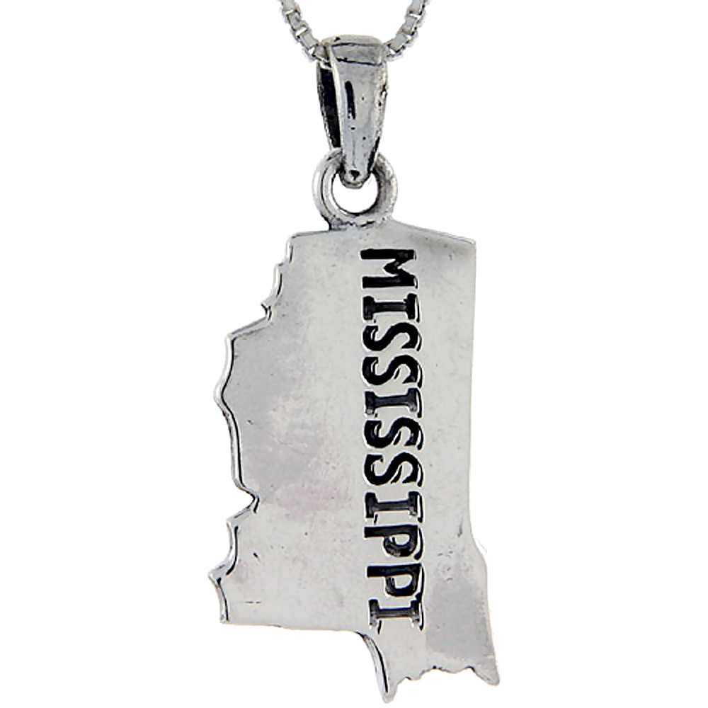 Sterling Silver Mississippi State Map Pendant 1 3/8 inch tall