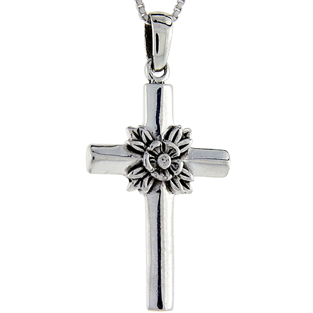 Sterling Silver Rose Cross Pendant 1 1/2 inch tall