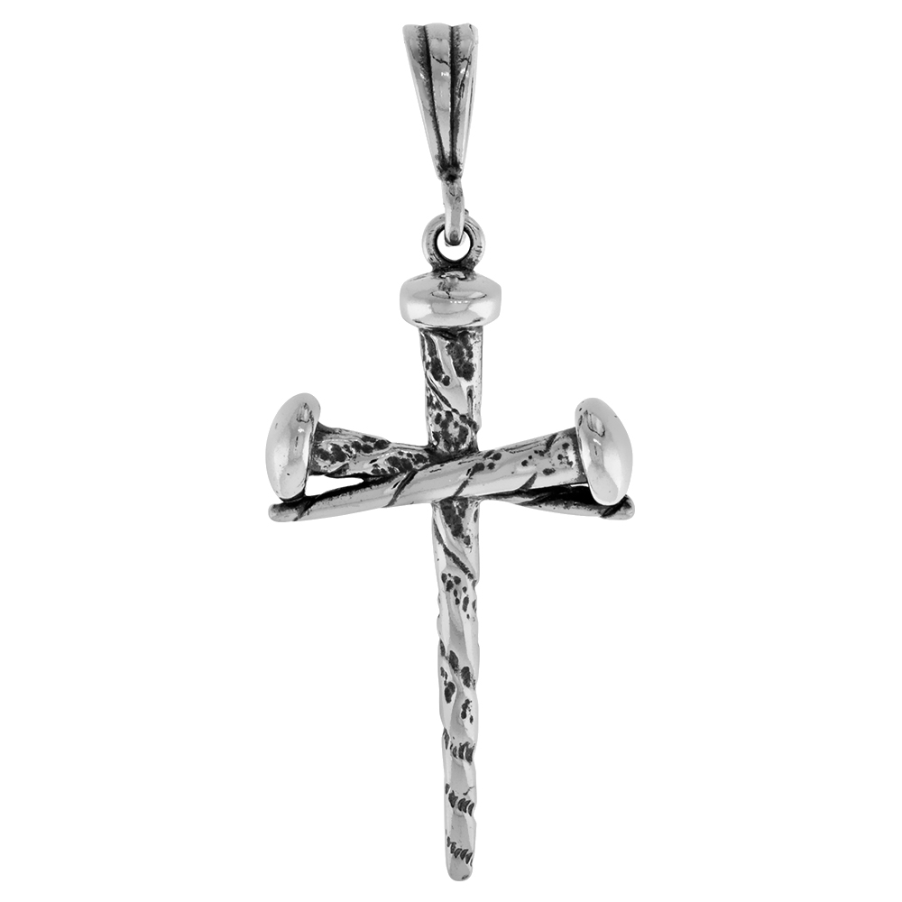 Sterling Silver Nail Cross Crucifixion of Jesus Pendant 1 3/8 inch tall