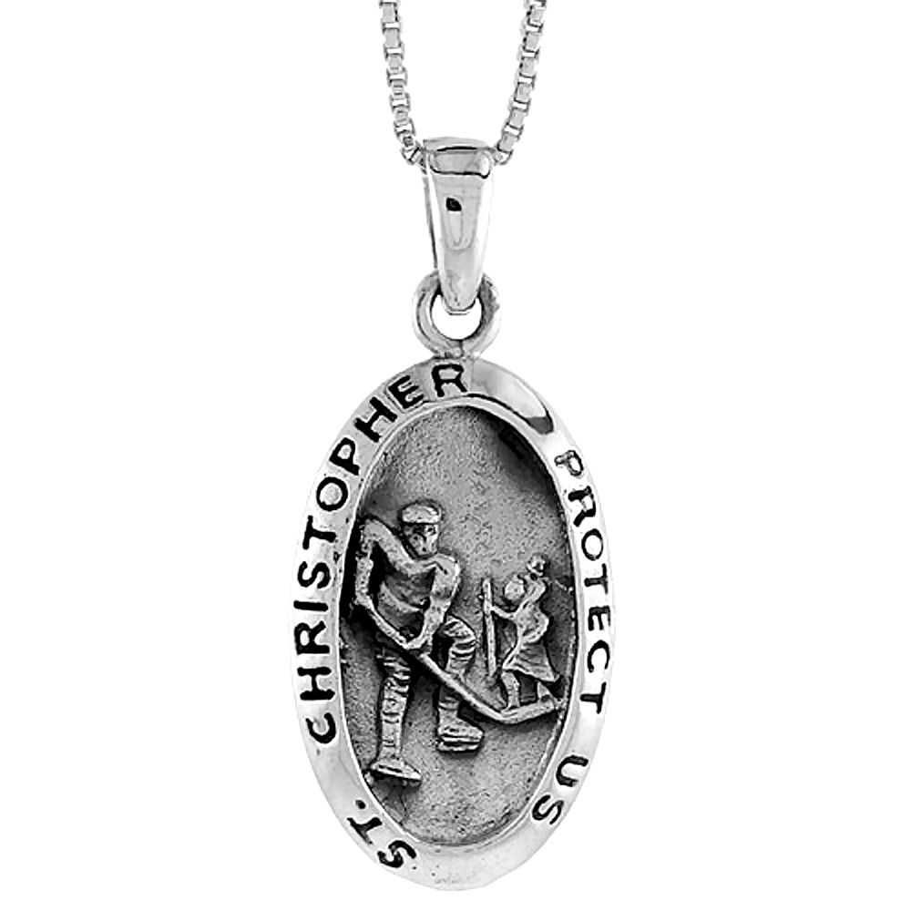 Sterling Silver Saint Christopher Charm for Hockey 1 3/8 inch tall