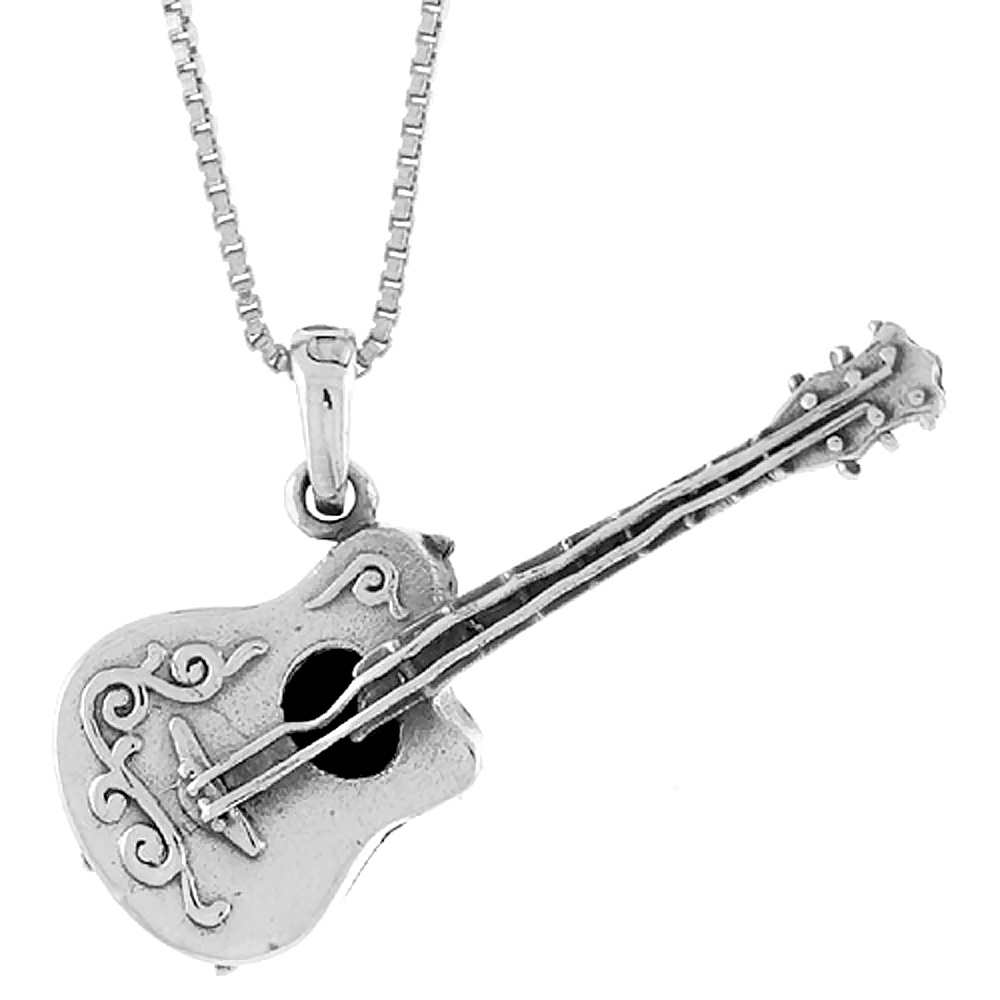 Sterling Silver Guitar Pendant 1 1/2 inch