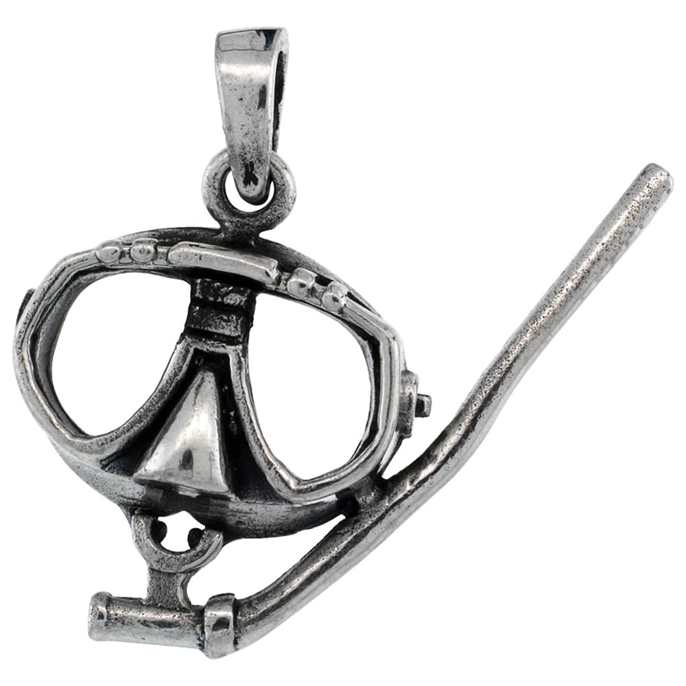 Sterling Silver Scuba Diving Mask & Snorkel Pendant 3/4 inch tall