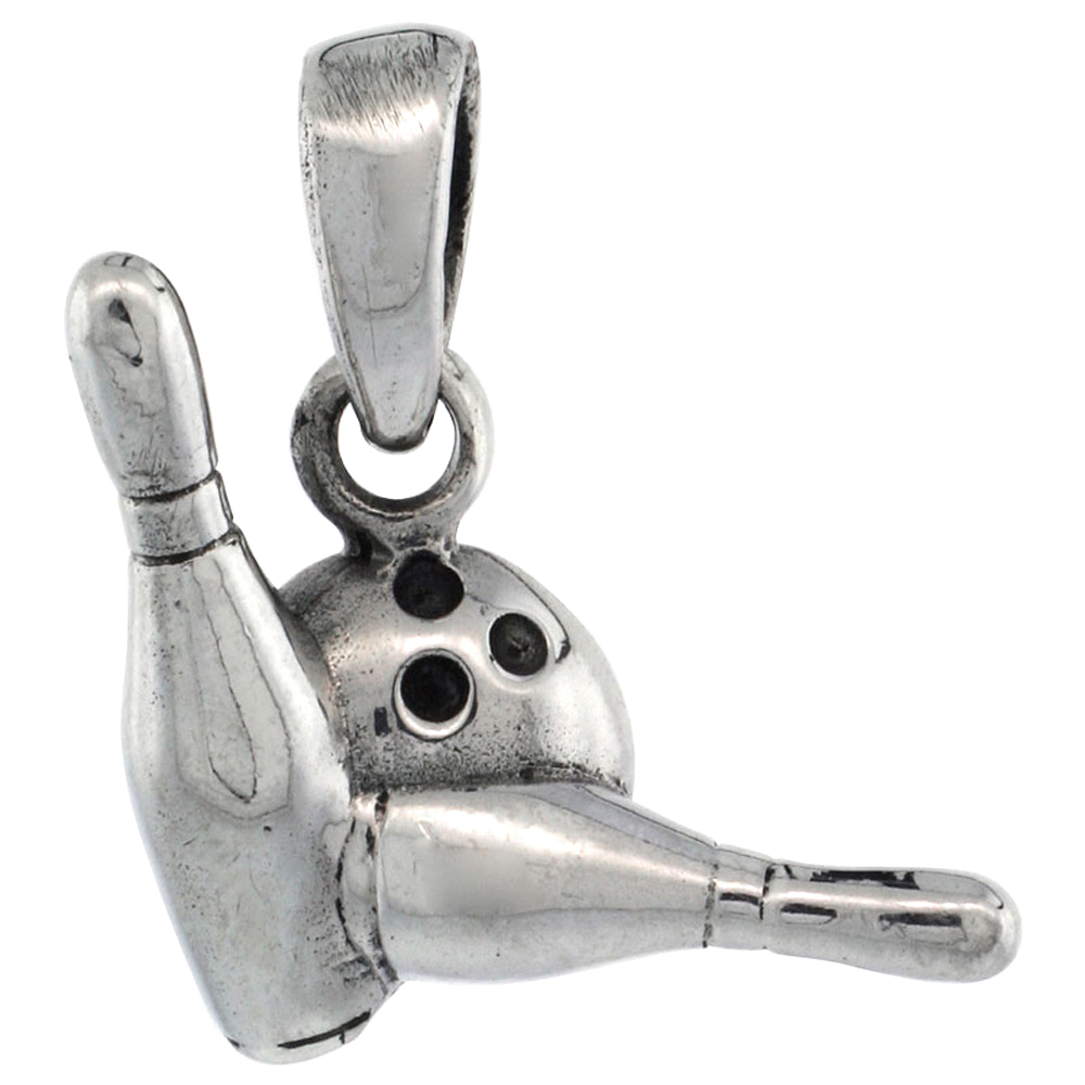 Sterling Silver Bowling Ball & Pins Pendant 5/8 inch tall