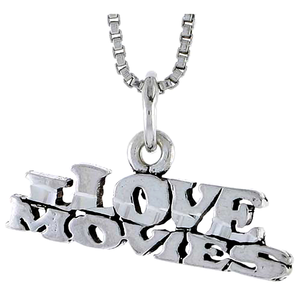Sterling Silver I Love Movies Word Pendant Talking Charm for Women and Men 7/8 inch wide