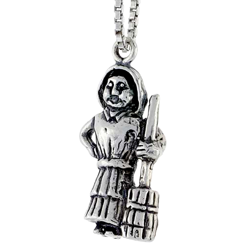 Sterling Silver Old Woman w/ Broomstick Charm 3/4 inch tall