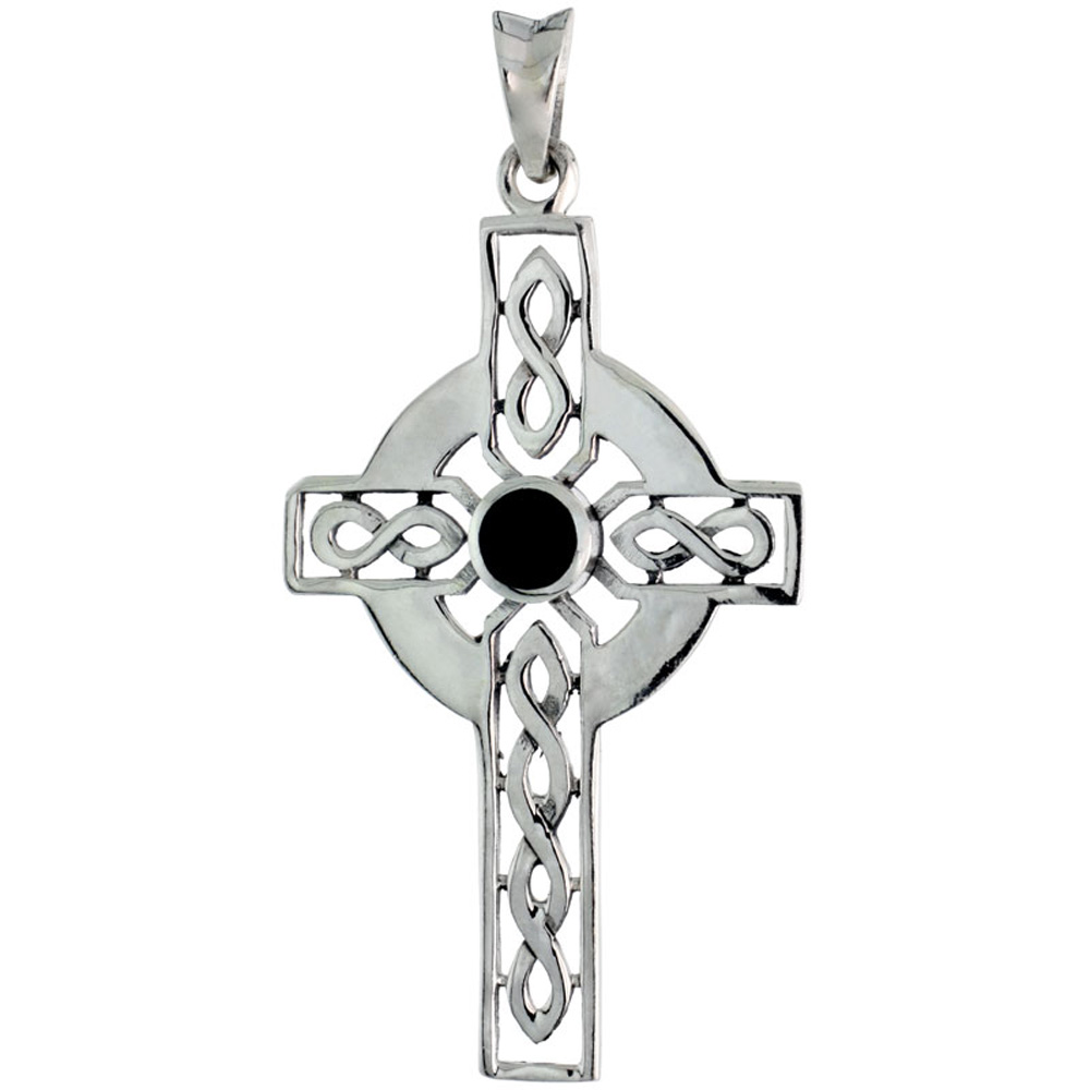 Sterling Silver Killamery Celtic Cross Pendant for Men Jet Stone Charm 1 3/4 inch