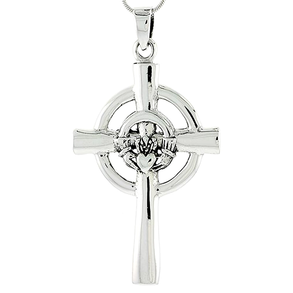 Small Sterling Silver Celtic Claddagh Cross Charm Pendant 2 inch